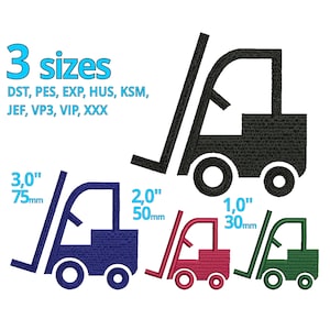 May include: Three sizes of a forklift embroidery design in blue, red, and green. The design is 3 inches, 2 inches, and 1 inch in size. The embroidery design is available in 10 different file formats.