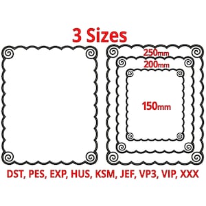Può includere: Tre disegni di ricamo di una cornice a festoni con un dettaglio a spirale. Le cornici misurano 250 mm, 200 mm e 150 mm. I formati di file sono DST, PES, EXP, HUS, KSM, JEF, VP3, VIP e XXX.