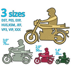 May include: Three embroidery designs of a motorcycle rider, available in three sizes: 3 inches, 2 inches, and 1.4 inches. The designs are in different colors: gold, gray, and red.