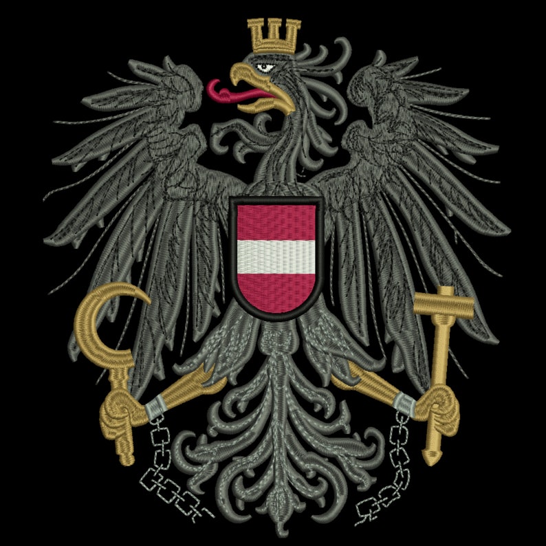 K&ouml;nnte beinhalten: Gestickter Aufn&auml;her mit dem &ouml;sterreichischen Wappen. Ein schwarzer Adler mit roter Zunge h&auml;lt einen Schild mit der &ouml;sterreichischen Flagge. Der Adler ist von verzierten goldenen Details und einer Kette umgeben.