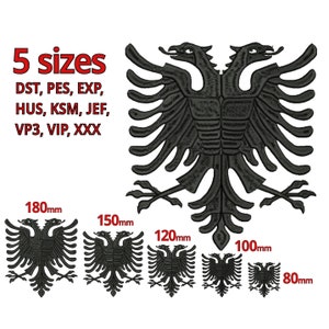 May include: Five black embroidered patches of the Albanian double-headed eagle in different sizes: 80mm, 100mm, 120mm, 150mm, and 180mm.