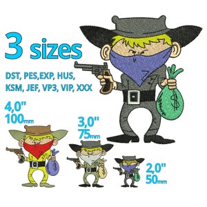 Bandit embroidery design 3 sizes - Thief Bank robbery machine embroidery file - Cartoon gangster stealing cash Anti Bad Bank stiching