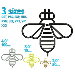 May include: A black and white outline of a bee with a striped body. The bee is shown in three sizes: 4 inches, 3 inches, and 2 inches. The bee is available in embroidery formats: DST, PES, EXP, HUS, KSM, JEF, VP3, and VIP.