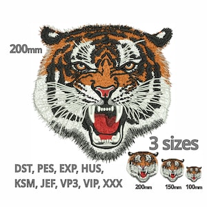 May include: A roaring tiger head embroidery design in orange, black, and white. The design is available in three sizes: 200mm, 150mm, and 100mm. The design is compatible with DST, PES, EXP, HUS, KSM, JEF, VP3, VIP, and XXX embroidery formats.