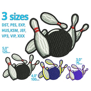 Pode incluir: Um desenho de bordado de pinos de boliche e uma bola de boliche. O desenho está disponível em três tamanhos: 5 polegadas, 4 polegadas e 3 polegadas. O desenho está disponível em vários formatos, incluindo DST, PES, EXP, HUS, KSM, JEF, VP3, VIP e XXX.