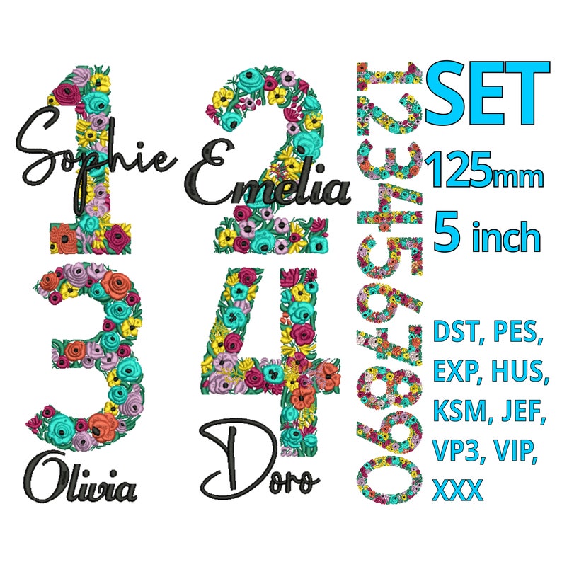 Floral Embroidery Design Numbers | SET - 5inch 125mm | Flowers Number ...
