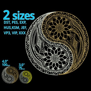 May include: A black and white embroidery design of a yin yang symbol with intricate floral patterns. The design is available in two sizes: 4 inches (100 mm) and 3 inches (75 mm).