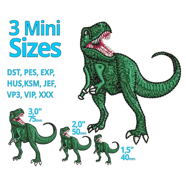 Mini Dino diseños de bordado / 3 tamaños pequeños / pequeño dinosaurio T-Rex archivo de bordado a máquina Rex Trex para niños / Jurassic Tyrannosaurus