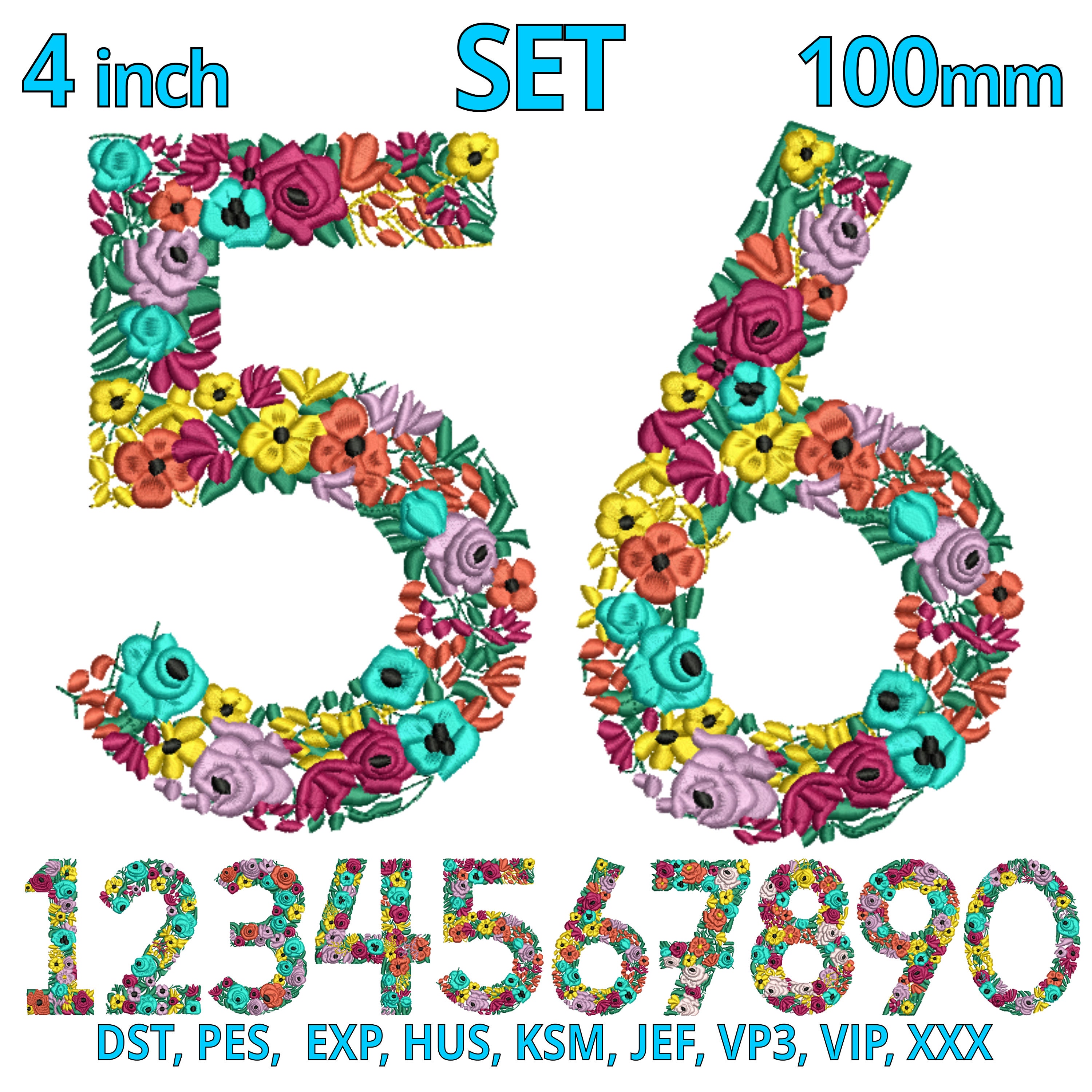 Birthday Embroidery Design Numbers | SET - 4inch 100mm | FLORAL Number ...