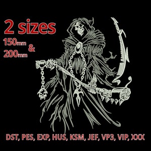 Grim reaper embroidery design - Skeleton Death Man machine embroidery file - 2 Sizes - death man Skull head biker heavy metal drawing tattoo