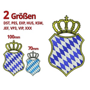 May include: Two sizes of embroidered patches featuring a blue and white checkered shield with a gold crown on top. The text "2 Größen" is in red, and the text "DST, PES, EXP, HUS, KSM, JEF, VP3, VIP, XXX" is in black. The sizes are 100mm and 70mm.