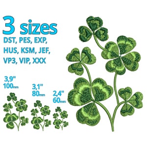 May include: Three sizes of green four-leaf clover embroidery designs. The largest design is 3.9 inches (100 mm), the medium design is 3.1 inches (80 mm), and the smallest design is 2.4 inches (60 mm). The designs are available in the following formats: DST, PES, EXP, HUS, KSM, JEF, VP3, VIP, and XXX.