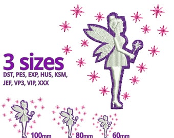 May include: A white fairy with purple wings and a wand, surrounded by pink stars. The image includes the text "3 sizes" and a list of embroidery file formats. Three fairies of different sizes are shown below, measuring 100mm, 80mm, and 60mm.