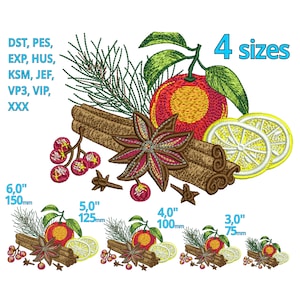 May include: Embroidered design featuring a red orange, cinnamon sticks, star anise, lemon slices, and red berries. The design is available in four sizes: 6 inches, 5 inches, 4 inches, and 3 inches.