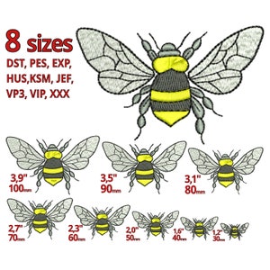 Bee embroidery design 8 sizes -Real flying Bees embroidery machine file - Mini Bee swarm lovely cute queen Bee beehive realistic Drawing Art