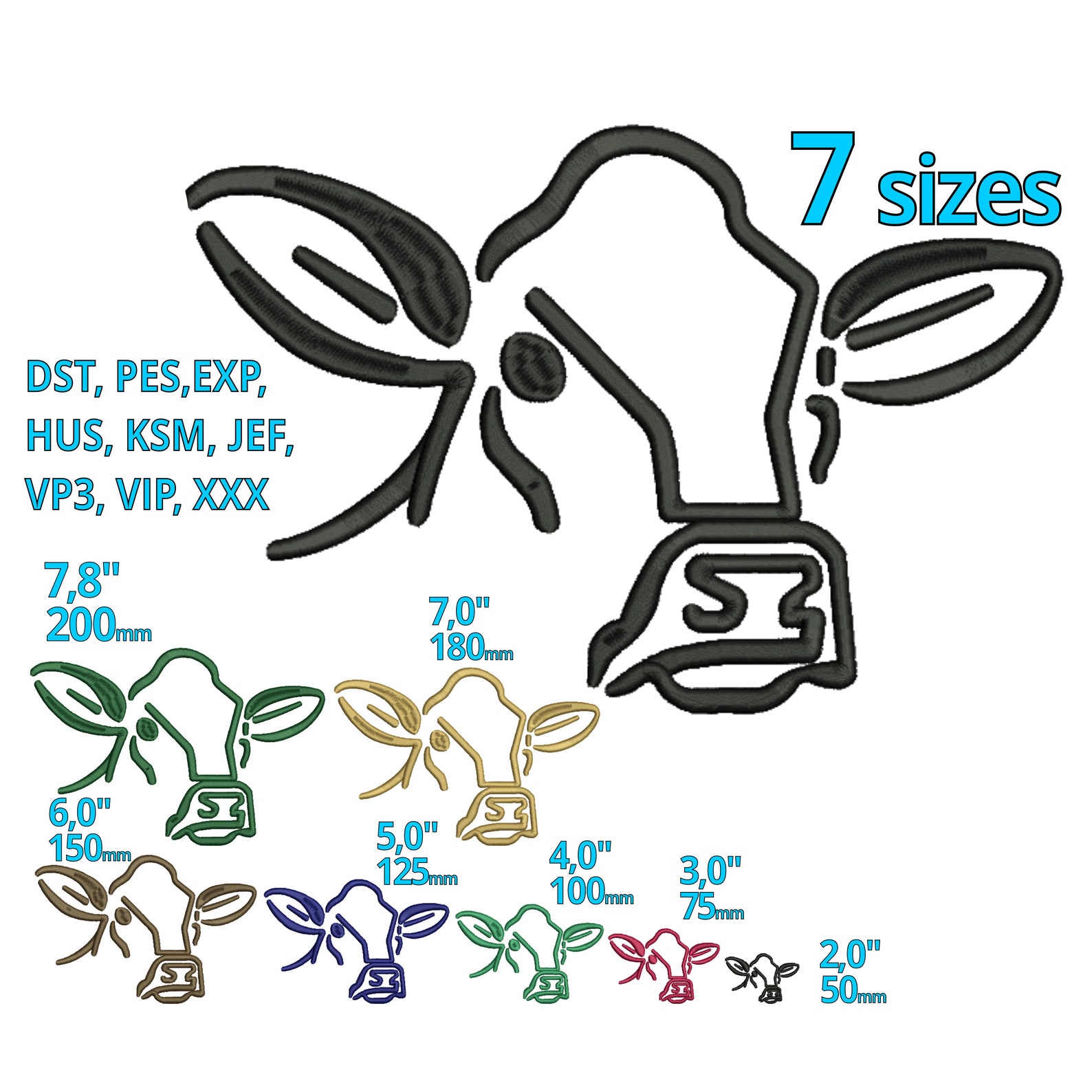 Small Cow Designs Cow Embroidery Design 7 Sizes - Simple Cow Head Machine Embroidery File ...