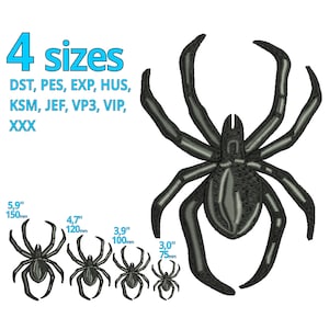 以下が含まれることがあります： 黒いクモの刺繍デザインが4つの異なるサイズで表示されています。デザインは5.9インチ、4.7インチ、3.9インチ、3.0インチで表示されています。「4サイズ」と「DST、PES、EXP、HUS、KSM、JEF、VP3、VIP、XXX」のテキストも表示されています。
