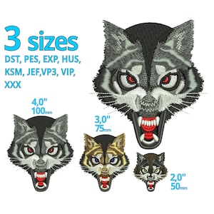 Puede incluir: Tres diseños de bordado de una cabeza de lobo gruñendo en diferentes tamaños: 10 cm, 7,5 cm y 5 cm. La cabeza de lobo es gris con ojos rojos y una nariz negra.