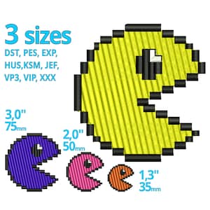 Könnte beinhalten: Das Bild zeigt drei pixelige Pac-Man-Designs in Gelb, Lila, Rosa und Orange. Das Bild enthält den Text "3 Größen" und Maße von 75 mm, 50 mm und 35 mm, mit entsprechenden Zollmaßen. Die Designs sind zum Sticken.