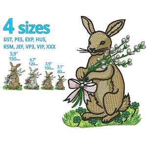 May include: An embroidered design of a brown bunny holding a bouquet of white flowers with a pink bow. The design is available in four sizes: 5.9 inches, 4.7 inches, 3.9 inches, and 3.1 inches.