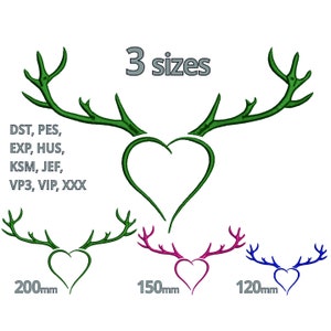 May include: Three embroidery designs of a heart with antlers in different sizes: 200 mm, 150 mm, and 120 mm. The designs are available in DST, PES, EXP, HUS, KSM, JEF, VP3, VIP, and XXX formats.