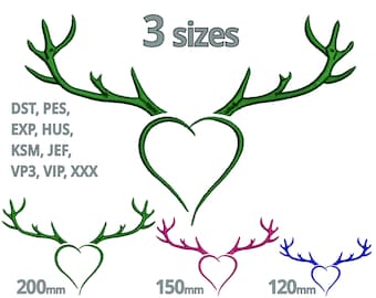 Antler embroidery design - Antler Heart Form embroidery file 3 sizes Deer Head - template for Monogram initial names, hunter tradition motif