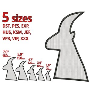 May include: Five different sizes of a white goat head embroidery design, with black outlines. The sizes are 7 inches, 5.9 inches, 4.7 inches, 3.9 inches, and 3 inches. The design is available in the following formats: DST, PES, EXP, HUS, KSM, JEF, VP3, VIP, and XXX.