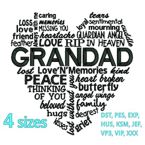 Grandad Funeral Memorial embroidery design- 4 Sizes Cemetery embroidery design beloved family member words typography Art