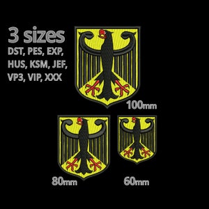 K&ouml;nnte beinhalten: Drei gestickte B&uuml;gelbilder der deutschen Flagge mit einem schwarzen Adler in der Mitte. Die Patches sind in drei Gr&ouml;&szlig;en erh&auml;ltlich: 100 mm, 80 mm und 60 mm.