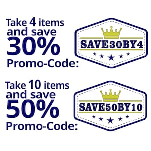 K&ouml;nnte beinhalten: Blau-gelbe Grafik mit einer Krone und dem Text "SAVE30BY4" und "SAVE50BY10". Die Grafik enth&auml;lt auch den Text "Take 4 items and save 30% Promo-Code:" und "Take 10 items and save 50% Promo-Code:"