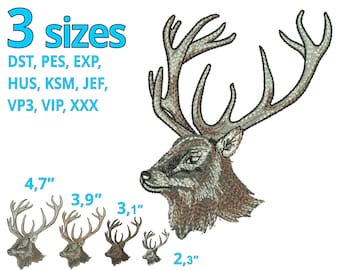 May include: Embroidered design of a deer head with antlers in four different sizes: 4.7 inches, 3.9 inches, 3.1 inches, and 2.3 inches. The design is available in multiple embroidery file formats: DST, PES, EXP, HUS, KSM, JEF, VP3, VIP, and XXX.
