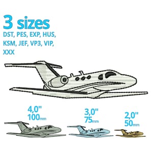 May include: An embroidered design of a private jet in three sizes: 4.0" (100mm), 3.0" (75mm), and 2.0" (50mm). The design is in shades of gray and black, with the text "3 sizes" and various file formats listed.