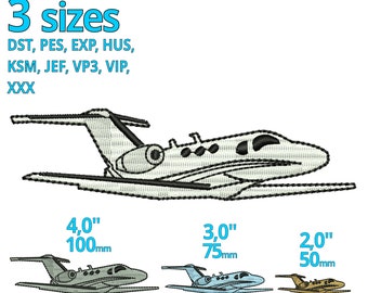 May include: An embroidered design of a private jet in three sizes: 4.0" (100mm), 3.0" (75mm), and 2.0" (50mm). The design is in shades of gray and black, with the text "3 sizes" and various file formats listed.