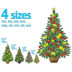 May include: Four sizes of embroidered Christmas tree designs in various formats: DST, PES, EXP, HUS, KSM, JEF, VP3, VIP, XXX. The largest tree is 6 inches tall, the smallest is 3 inches tall.