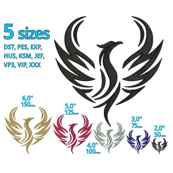 Phoenix embroidery design - 5 sizes - Mini & Big flaming Phoenix Logo Fire Egale machine embroidery design - bird shape logo motif
