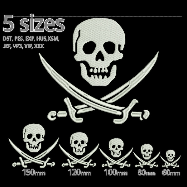 Dessin de broderie pirate - Pirates Drapeau croisé Épées Tête de crâne Machine à broder fichier à broder - Pirates Épées Squelette Tête de mort