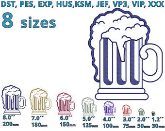 May include: An embroidery design of a beer stein with foam on top. The design is available in 8 sizes, ranging from 1.2 inches to 8 inches. The design is available in DST, PES, EXP, HUS, KSM, JEF, VP3, VIP, and XXX formats.