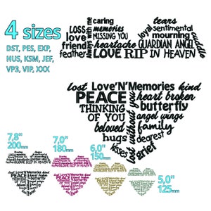 Peut inclure: Quatre tailles de motifs de broderie en forme de cœur avec du texte noir sur fond blanc. Les motifs présentent des mots de réconfort et de souvenir, tels que « Amour », « Paix », « Pensées pour toi », « Ailes d'ange » et « Ange gardien ». Les motifs sont disponibles en 7,8 pouces, 7 pouces, 6 pouces et 5 pouces.
