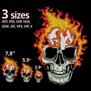 May include: An embroidered skull design with flames in shades of red, orange, and yellow. The design is available in three sizes: 7.8", 5.9", and 3.9". The text "3 sizes" and file type information are also included.