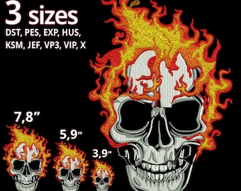 FIRE Skull head embroidery design 3 sizes DOWNLOAD Flaming Skullhead Biker GHOSTRIDER motorcylce motive Biker Grim Reaper embroidery file