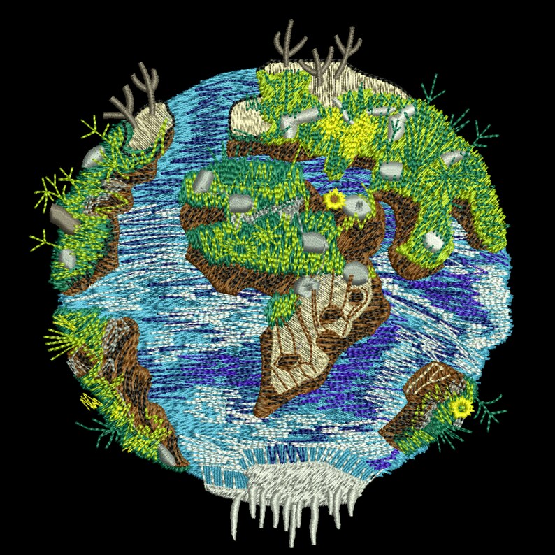 May include: Embroidered design of a blue and green Earth with brown continents, white ice caps, and green foliage. The Earth is surrounded by small green plants and brown branches.