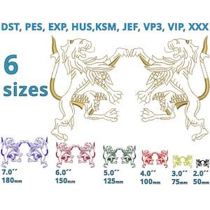 Könnte beinhalten: Ein Stickdesign mit zwei goldenen Löwen, die sich gegenüberstehen. Das Bild enthält den Text "DST, PES, EXP, HUS, KSM, JEF, VP3, VIP, XXX" und "6 Größen". Sechs Farbvarianten werden gezeigt, mit Größen von 50 mm bis 180 mm.