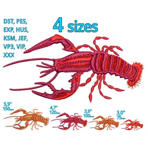 Könnte beinhalten: Gesticktes Hummer-Design in Rot- und Orangetönen, mit dem Text "4 Größen". Enthält die Größen 150mm, 120mm, 100mm und 75mm. Enthält auch Stickdateiformate.