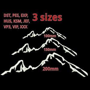 以下が含まれることがあります： 3つの異なるサイズ（100mm、150mm、200mm）の白い山脈のデザイン。刺繍プロジェクトに適しています。