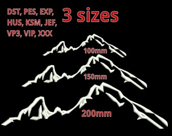 Può includere: Tre disegni di catene montuose bianche in diverse dimensioni: 100 mm, 150 mm e 200 mm. I disegni sono adatti per progetti di ricamo.