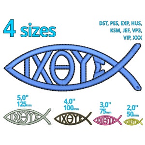Puede incluir: Un pez bordado azul con la palabra griega "ΙΧΘΥΣ" en su interior. El pez está disponible en cuatro tamaños: 5 pulgadas (125 mm), 4 pulgadas (100 mm), 3 pulgadas (75 mm) y 2 pulgadas (50 mm).