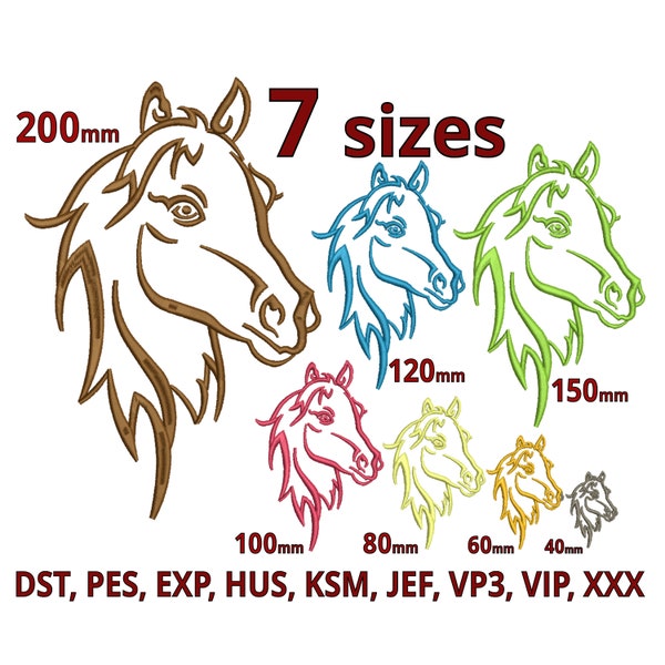 HORSE Head Embroidery design 7 sizes- Horses Motiv Outline Pony Silhouette horse riding Embroidery file Instant Download - Pferd Stickdatei