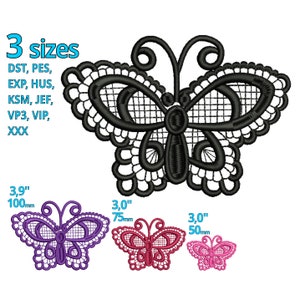 Puede incluir: Tres diseños de bordado de una mariposa de encaje negro en tres tamaños: 3,9 pulgadas, 3 pulgadas y 3 pulgadas. Los diseños están disponibles en los formatos DST, PES, EXP, HUS, KSM, JEF, VP3, VIP y XXX.