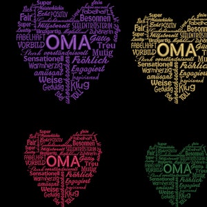 May include: Three heart-shaped word clouds in purple, gold, and green. Each cloud features the word "OMA" in the center surrounded by positive adjectives in German.