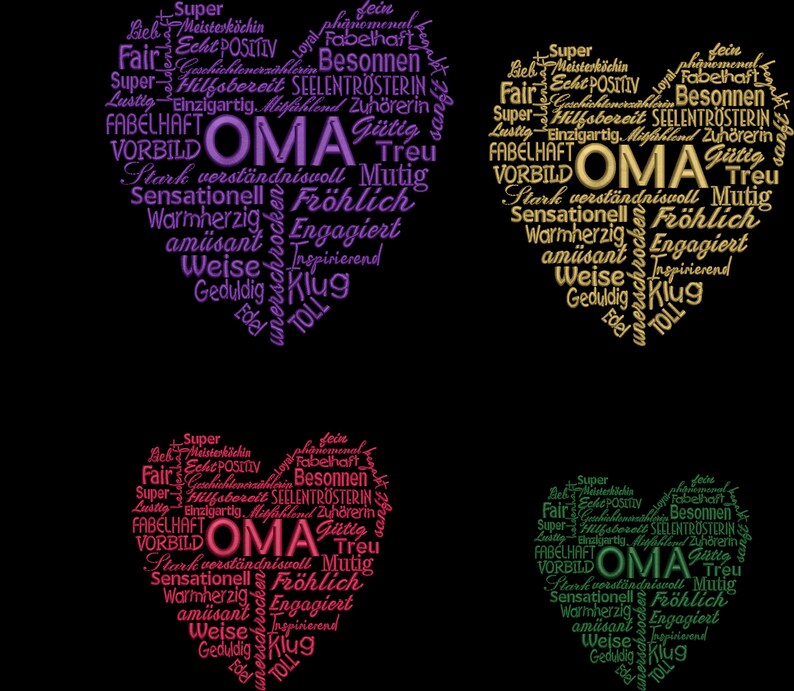 May include: Three heart-shaped word clouds in purple, gold, and green. Each cloud features the word "OMA" in the center surrounded by positive adjectives in German.